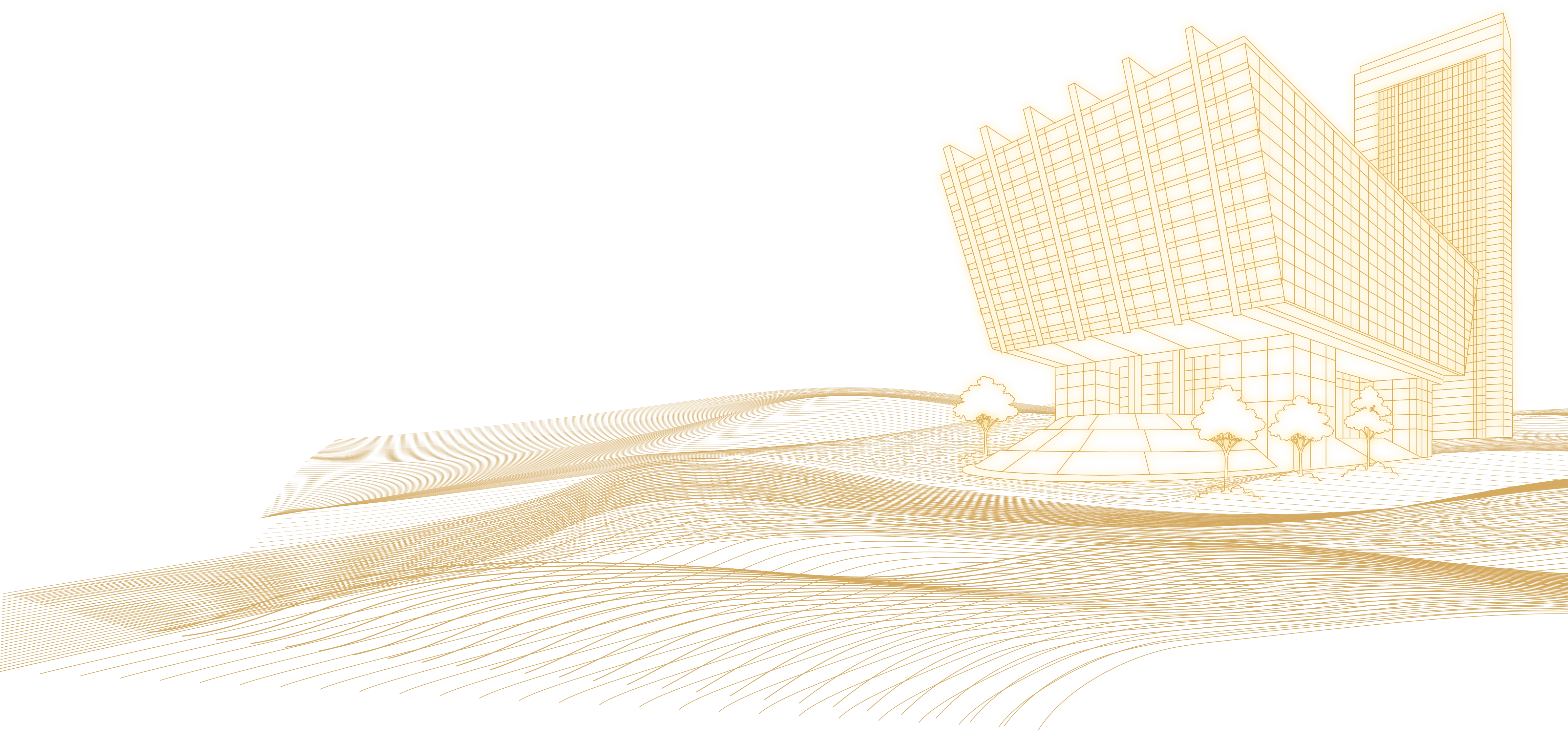Original gold contour-line illustration of the ADGM building on dunes