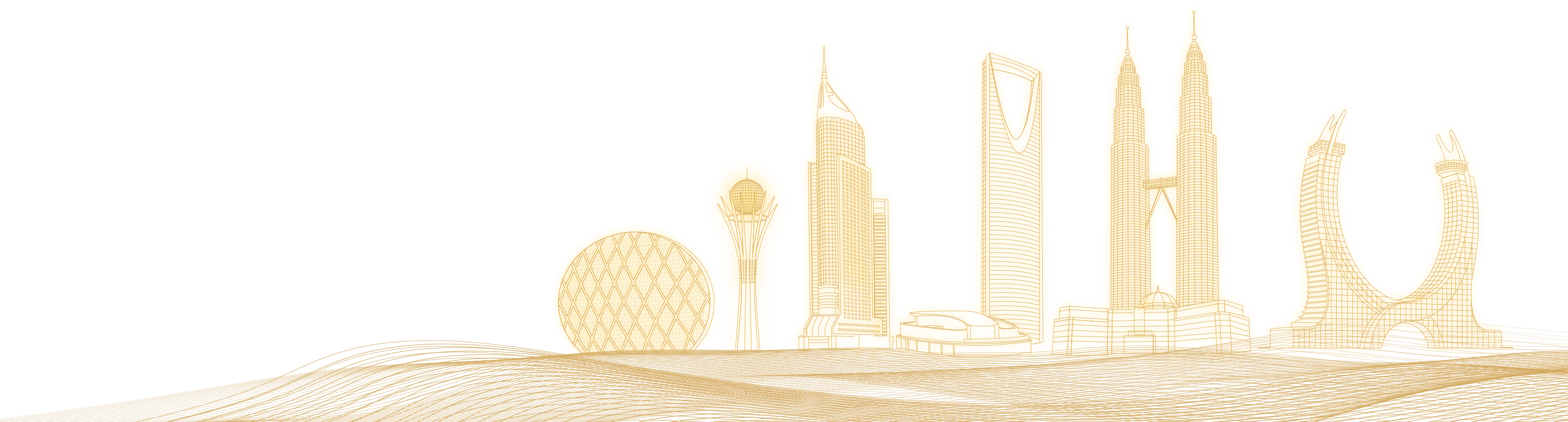 Original gold contour-line illustration of a Gulf skyline