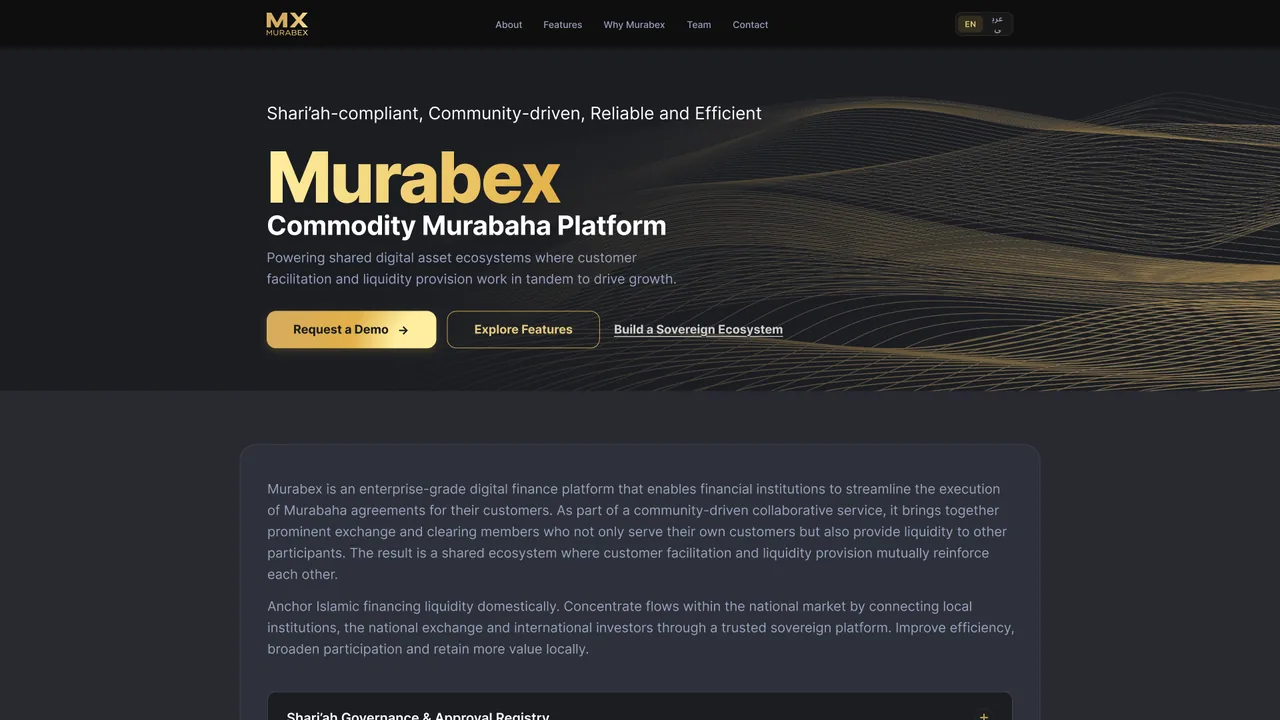 Murabex landing page — hero, Commodity Murabaha Platform