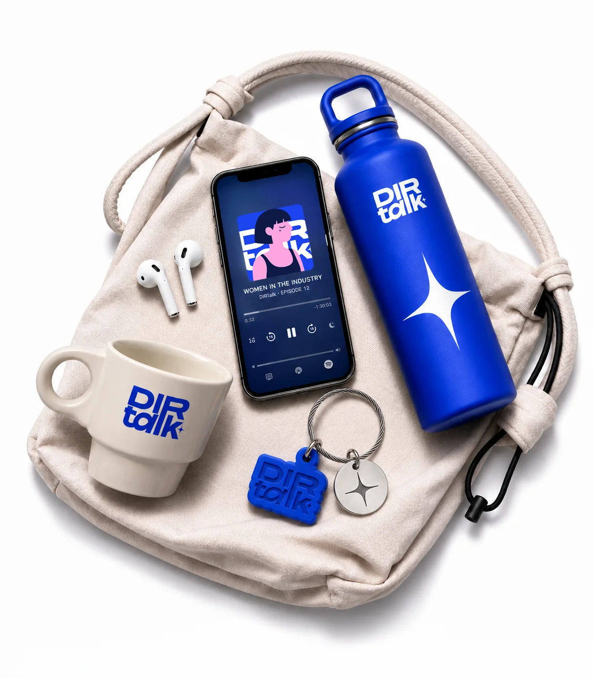 DIRTALK merchandise — tote, bottle, mug and keyring around the podcast player