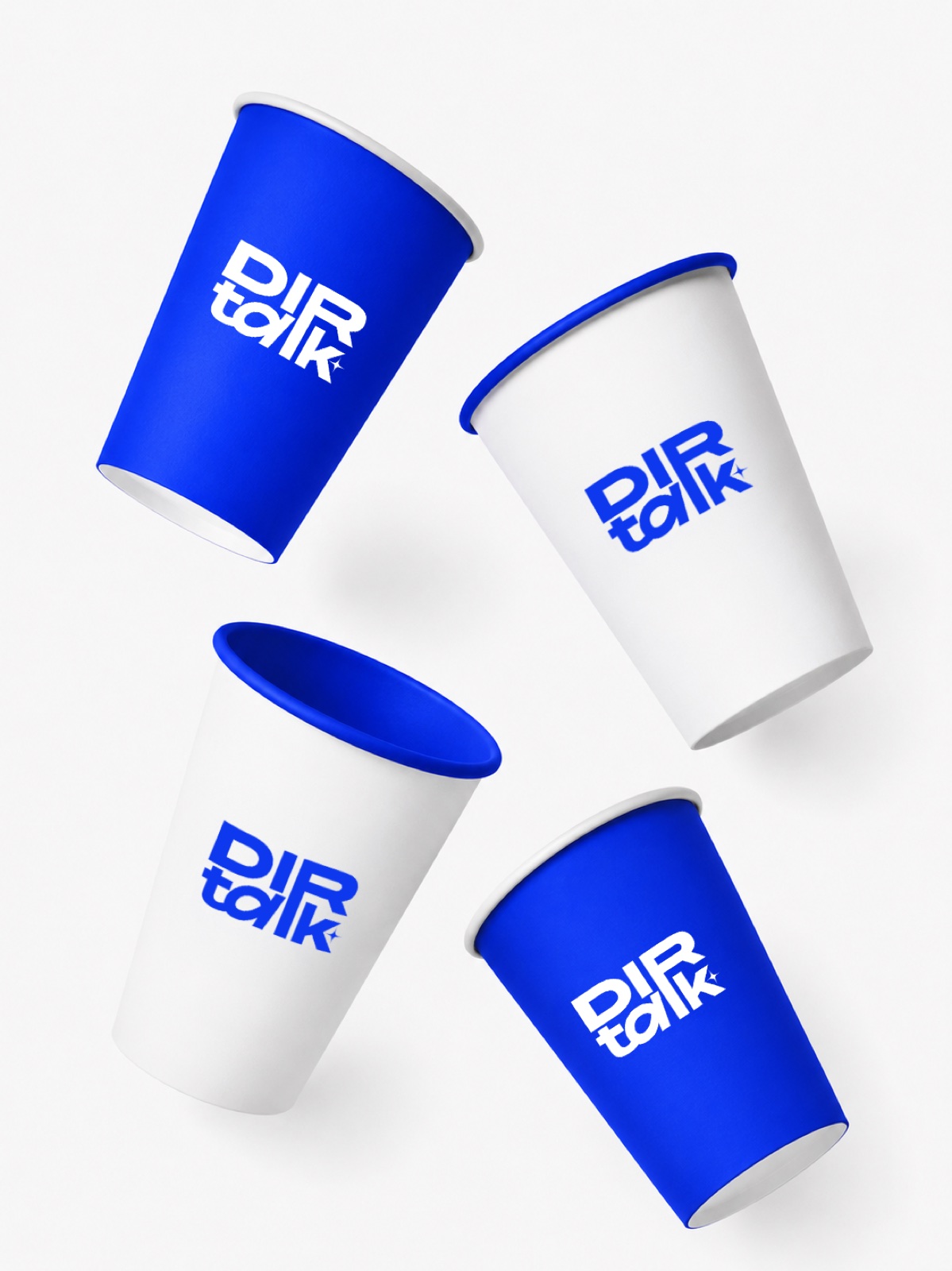 DIRTALK branded cups in blue and white