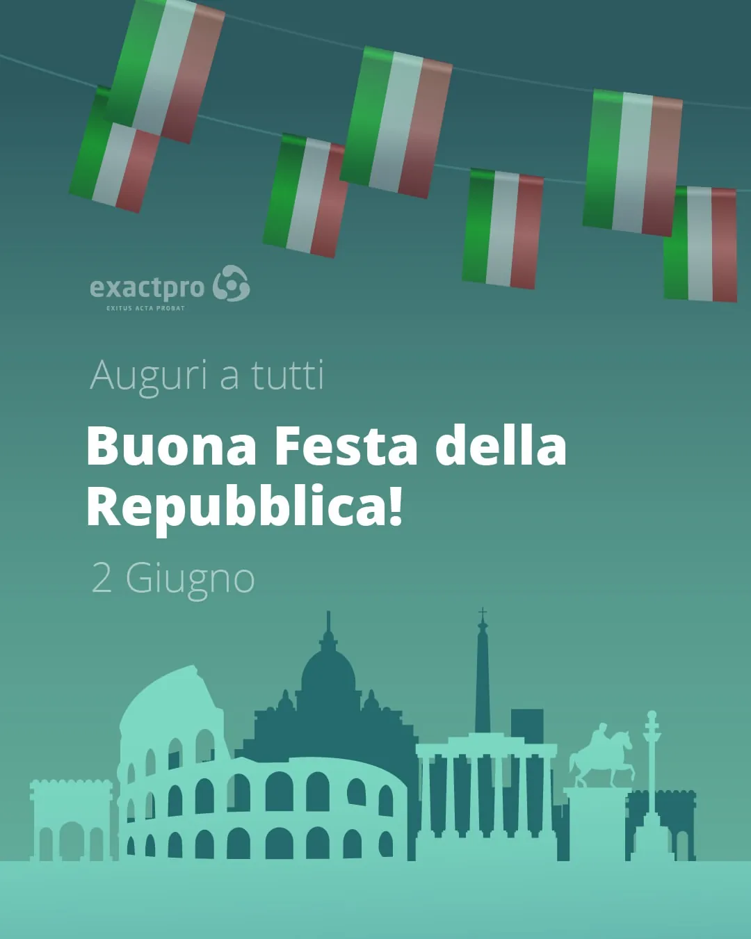 Festa della Repubblica greeting with bunting and a Rome skyline in green