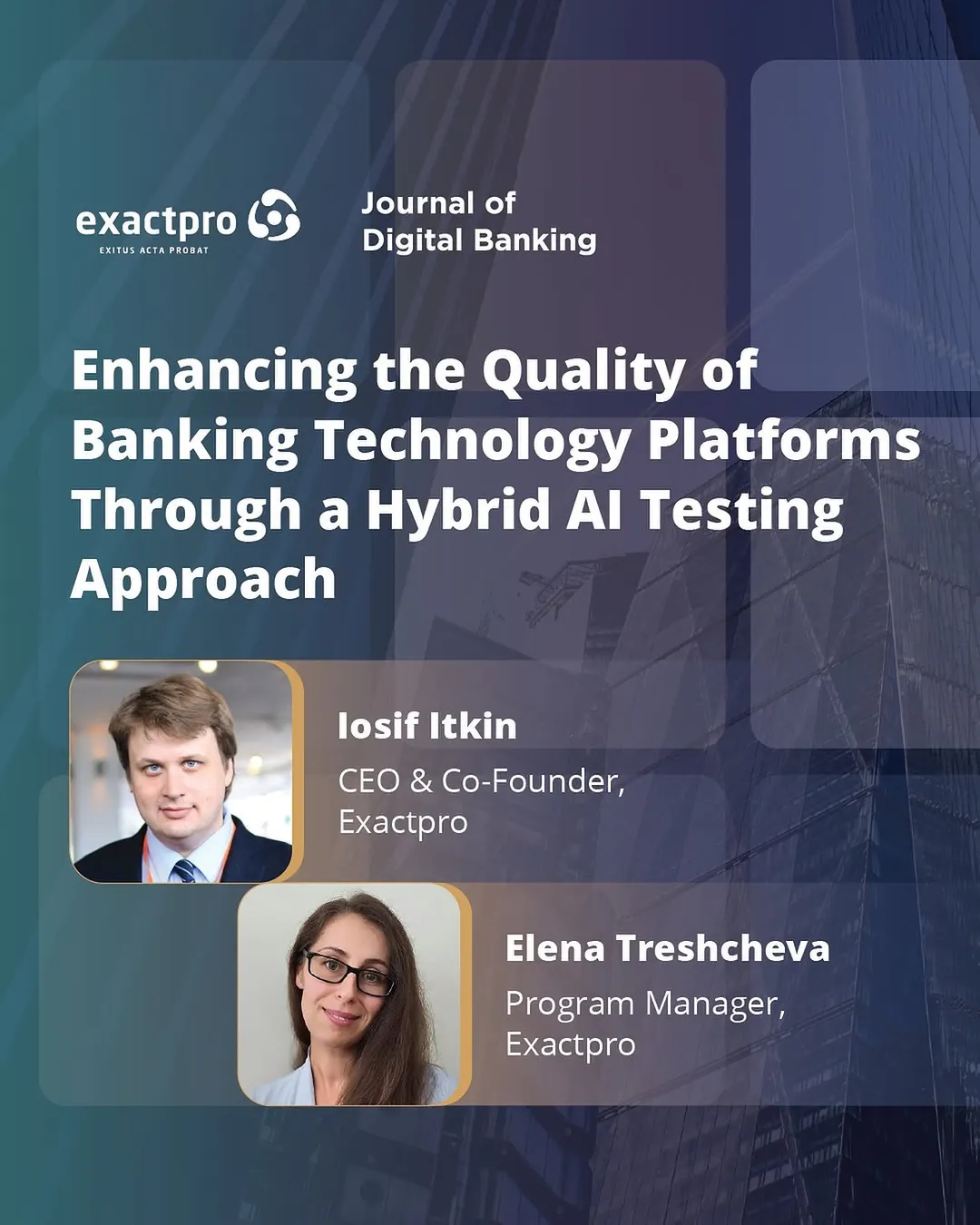 Cover for a Journal of Digital Banking paper on hybrid AI testing, with two author portraits