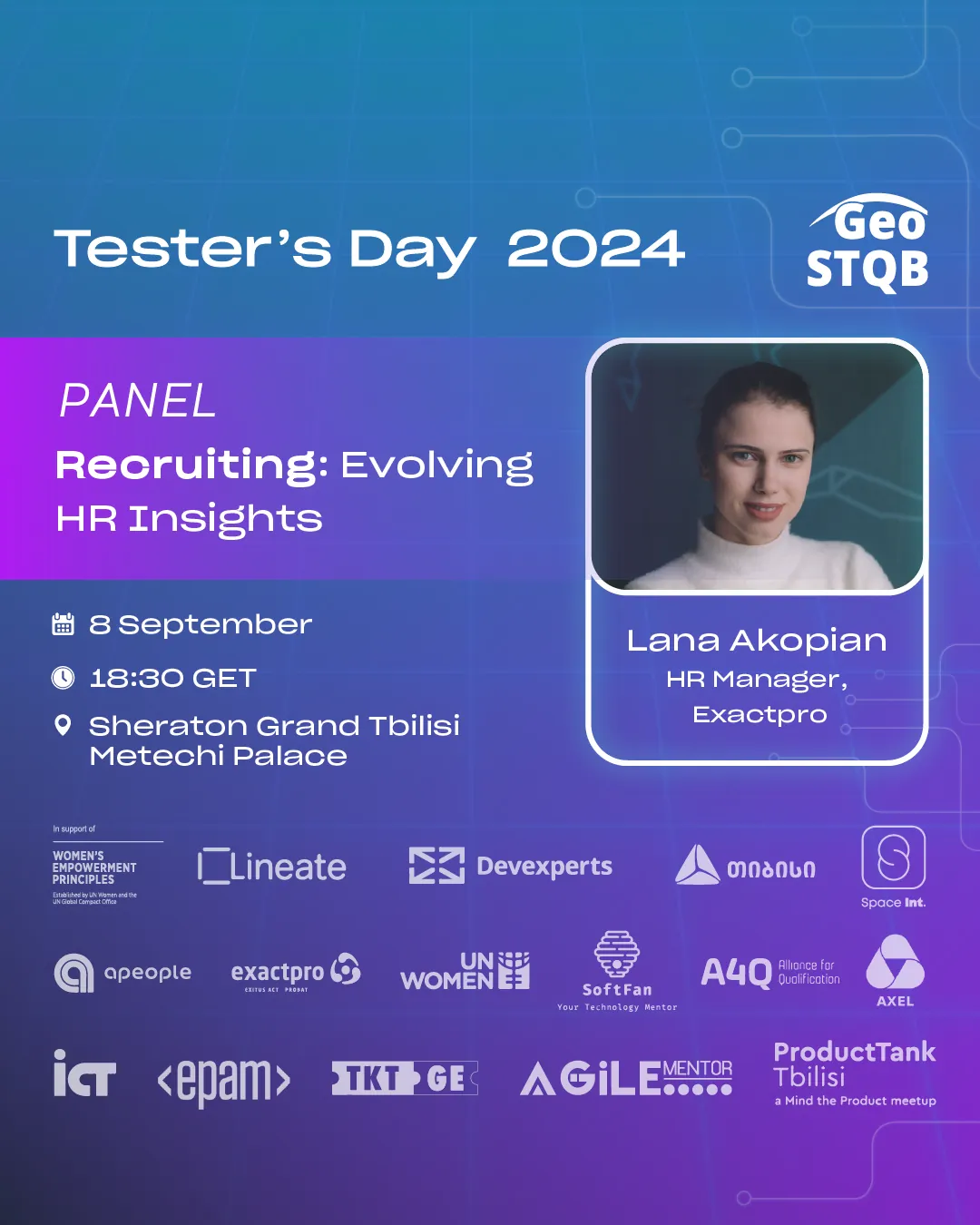 Tester's Day 2024 panel announcement with speaker portrait, session details and a wall of twenty partner logos