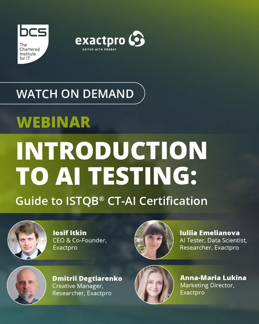 Webinar announcement with BCS, Introduction to AI Testing, showing four speaker cards